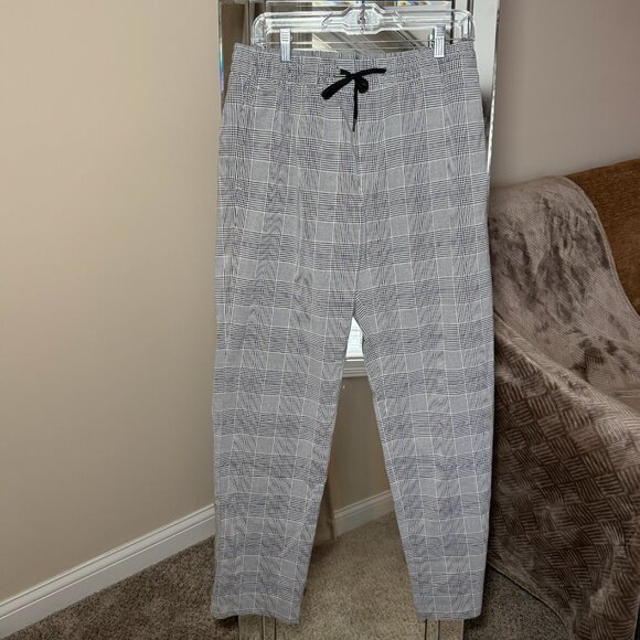 H&M Plaid Pants Regular Fit Elastic Waist Straight Leg Office Medium Black Grey - Picture 1 of 7